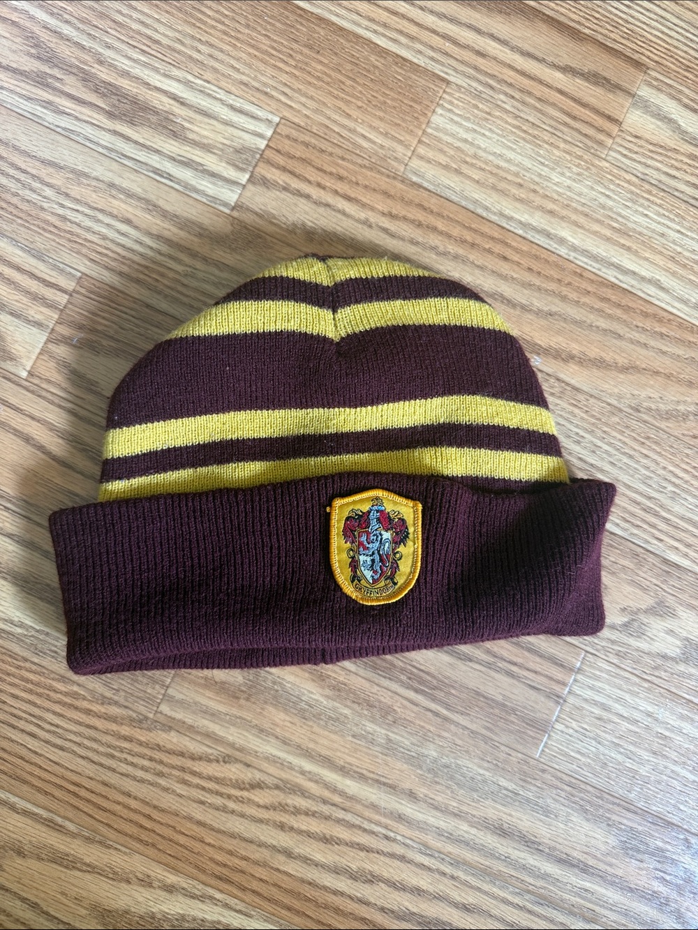 Harry Potter Gryffindor Maroon and Yellow Striped Beanie with Crest Patch